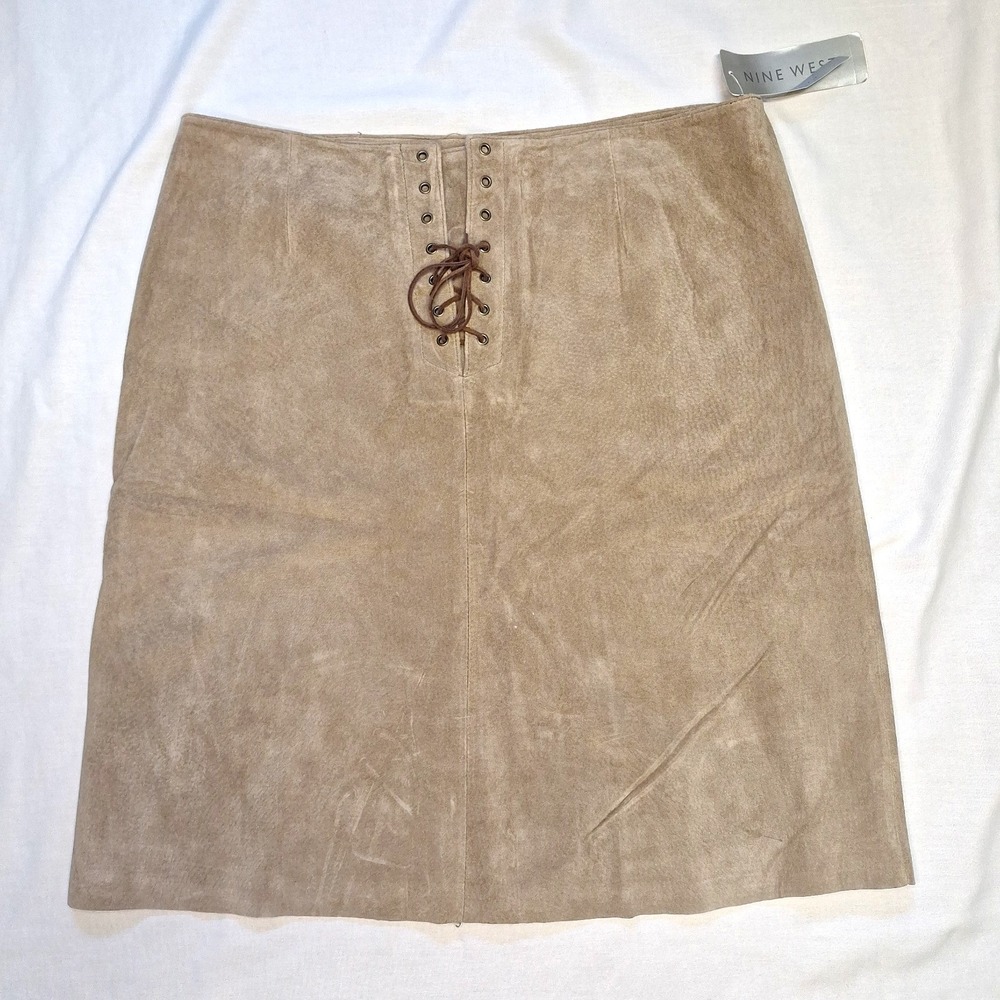 NWT Nine West Suede Leather Skirt Sz 16 Lace Up Tan Creme Fraiche Stone Genuine